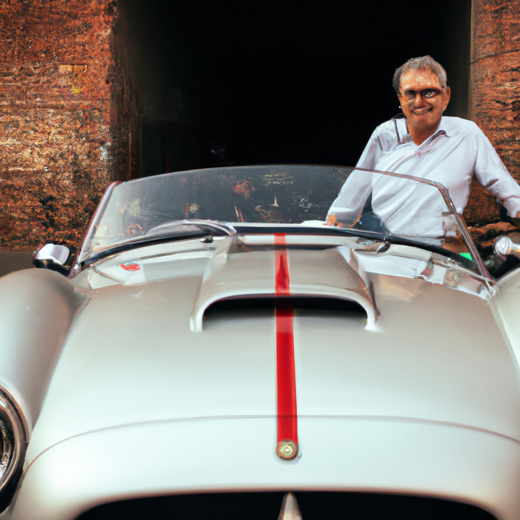 Gentiluomo anziano con auto sportiva italiana vintage